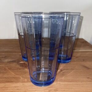 Set of 5 Vintage 10 Paneled Blue Glass Tumblers 6"H Cottagecore Farmhouse